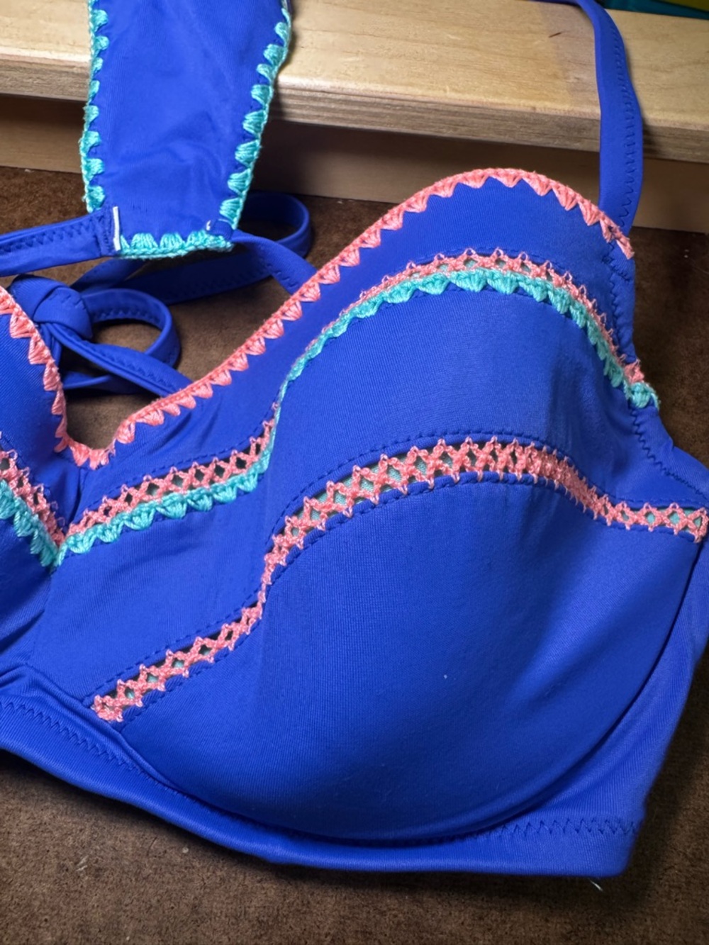 Shade and Shore Blue Two-Piece Bikini with Decorative orange and teal trim - Picture 5 of 7